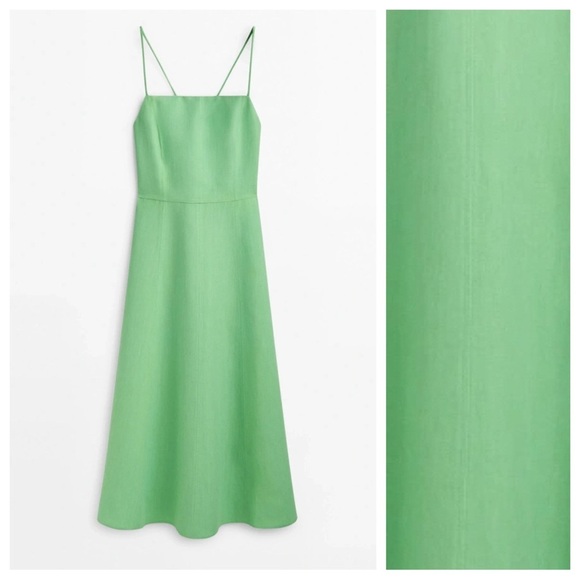 NWT. Massimo Dutti Light Green Viscose/Linen Blend Strappy Midi Dress. Size XS. - Picture 2 of 8